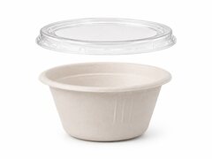 Dressingbecher Dipschale 60ml rund � 62 mm aus Bagasse Zuckerrohr kompostierbar inkl Deckel aus PLA, 50 Stk.