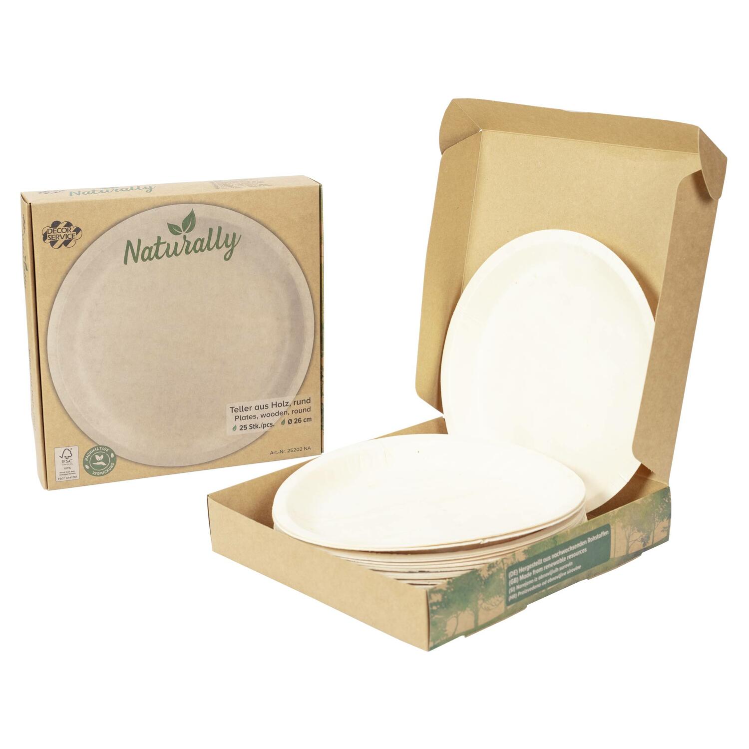 Holzteller Einwegteller aus Pappelholz rund Ø26cm FSC® nachhaltig, 25 Stk.