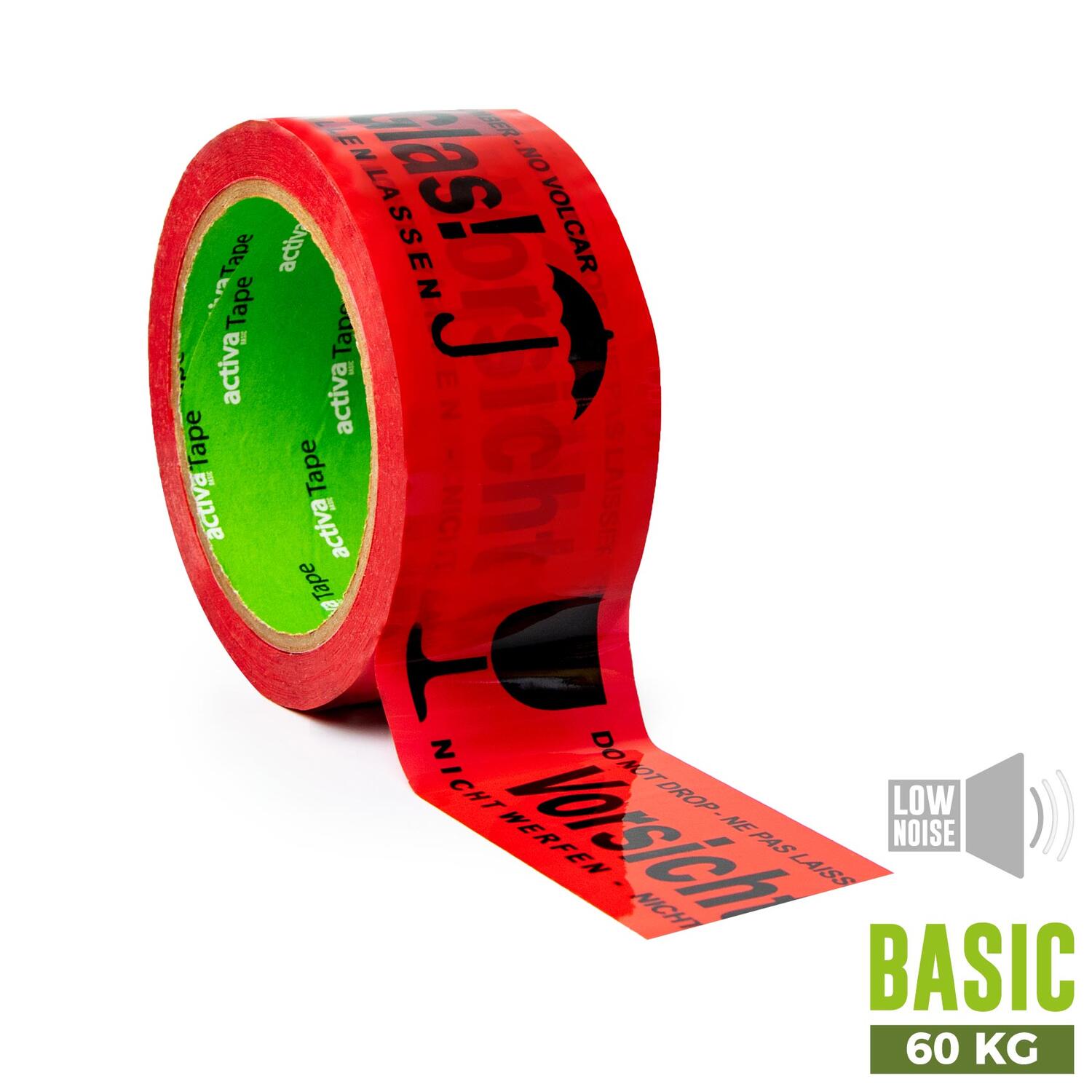 Packband Klebeband 48mmx66m Low Noise rot mit Aufdruck Vorsicht Glas