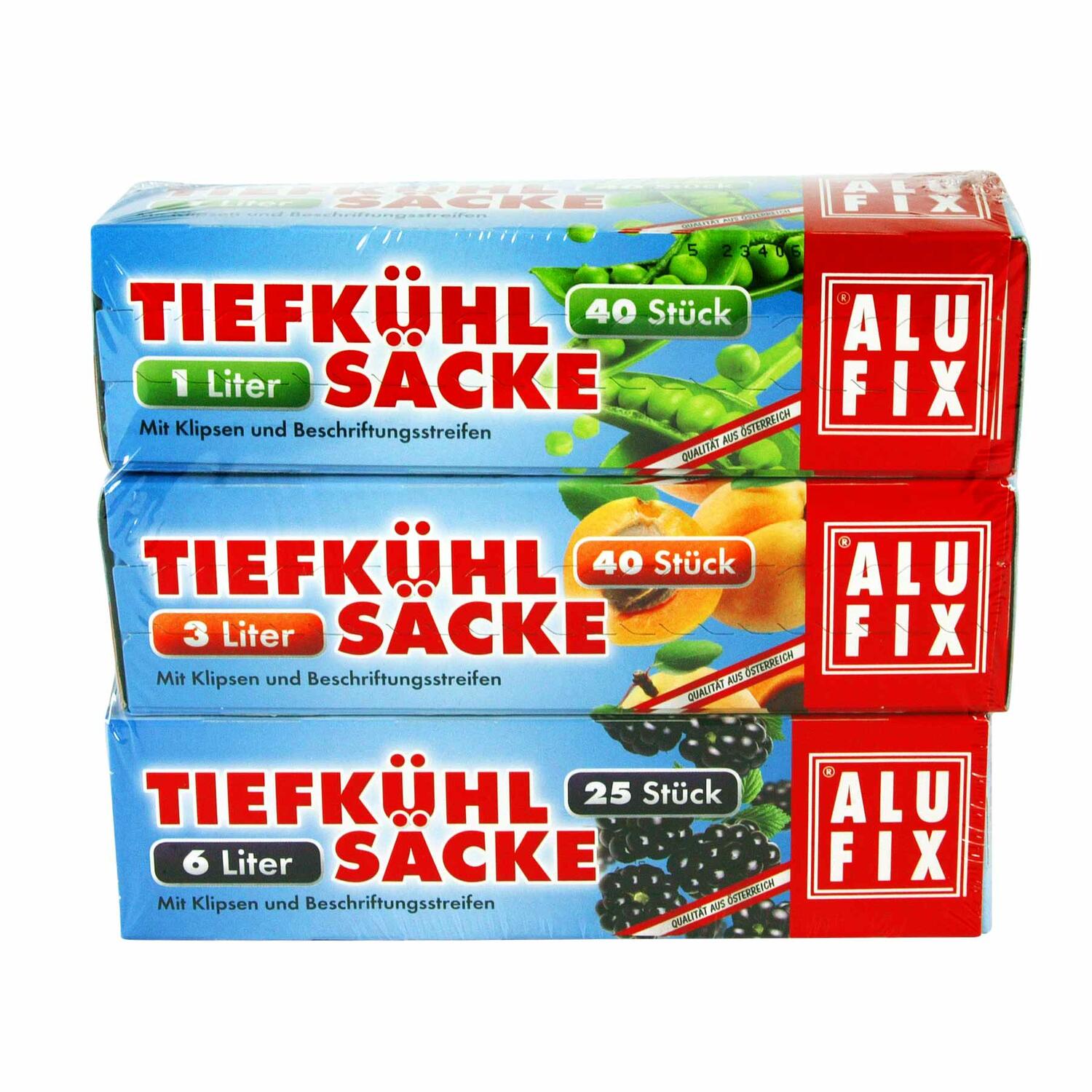 ALUFIX Tiefkühlsäcke Gefrierbeutel Mix mit Verschlussclips 1 L 3 L 6 L, 105 Stk.