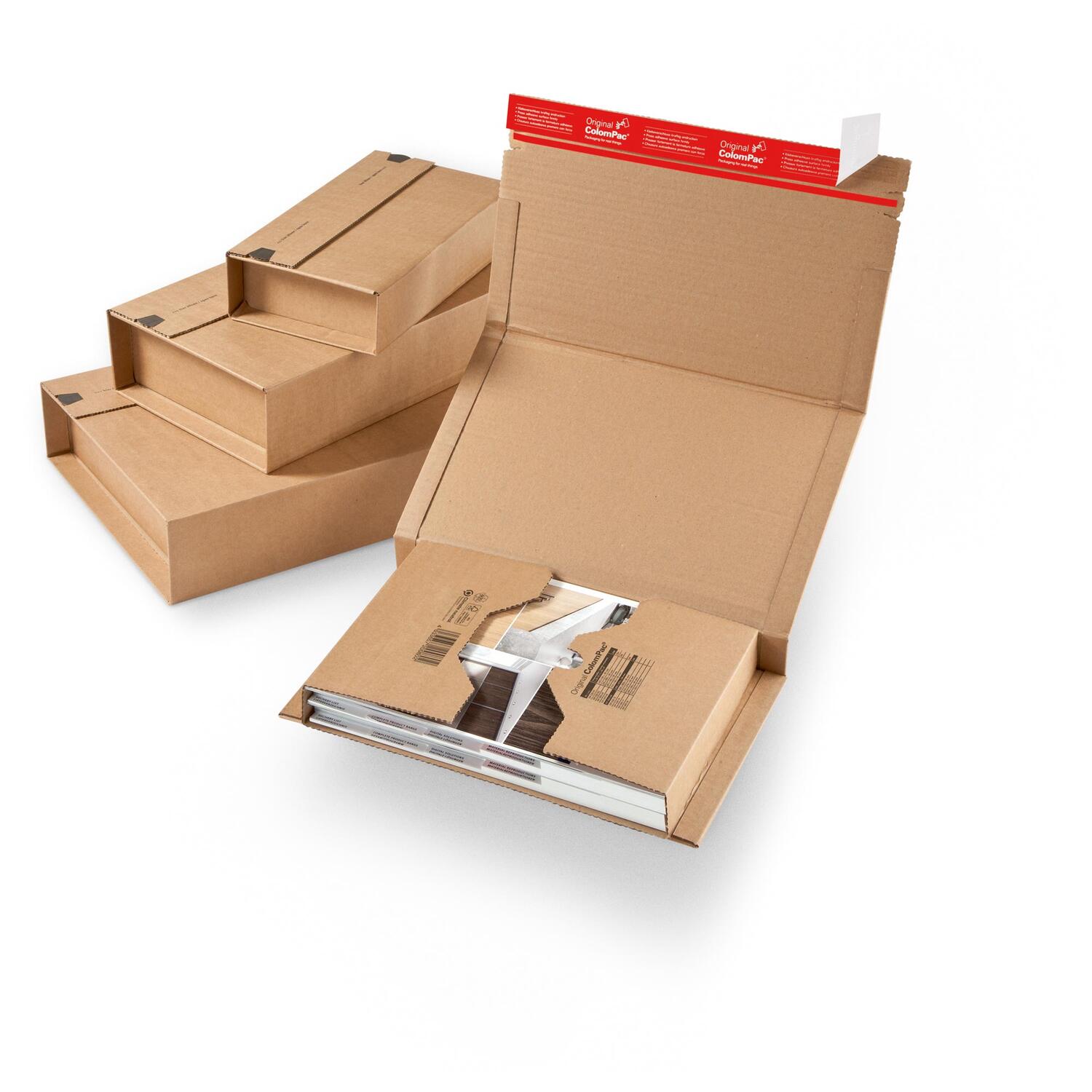 ColomPac Universalverpackung Wickelverpackung starke B-Welle 380 x 265 x -100mm mit Selbstklebeverschluss & Aufreifaden