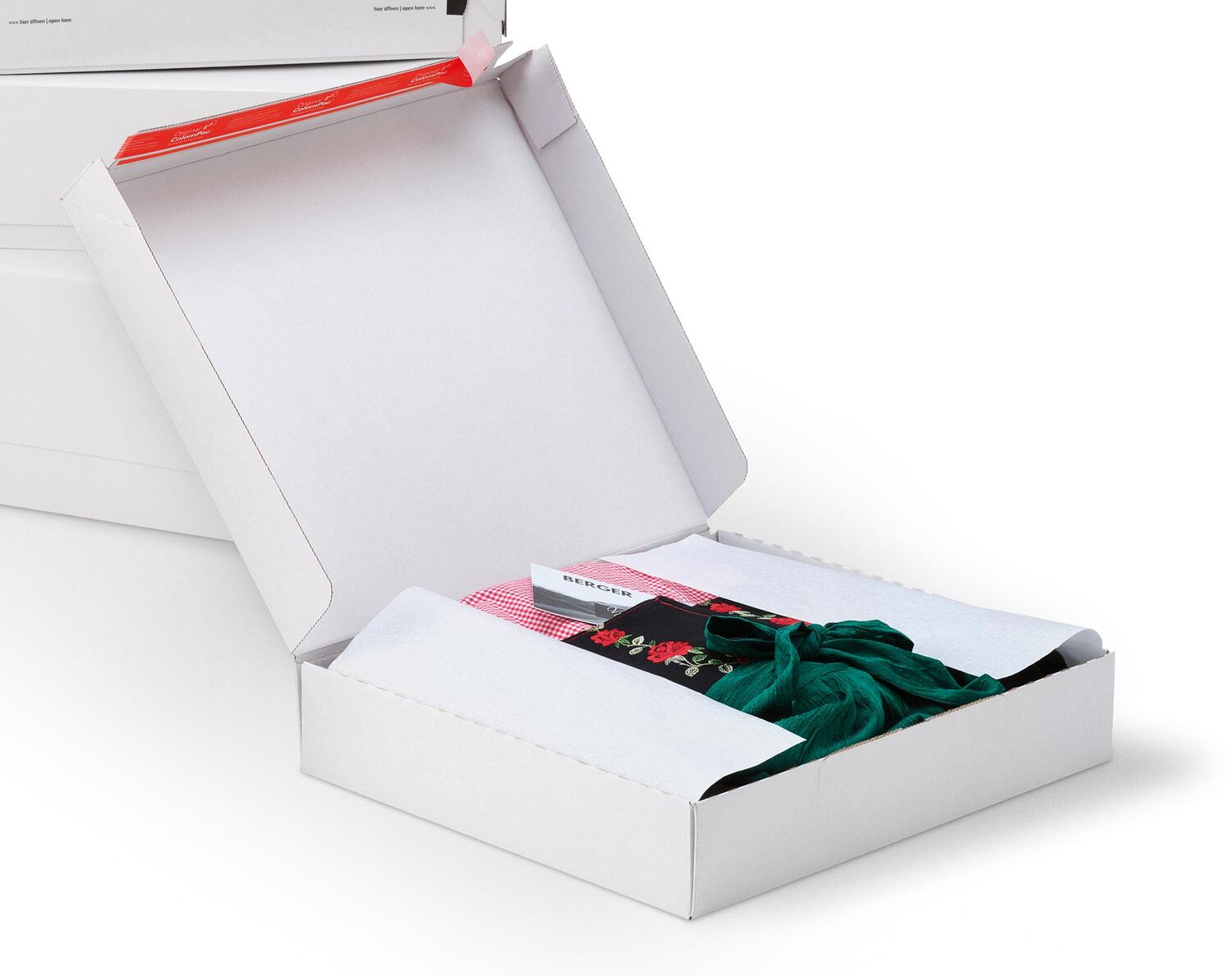 ColomPac Fashionbox 240 x 250 x 100mm mit Selbstklebeverschluss & Aufreifaden wei