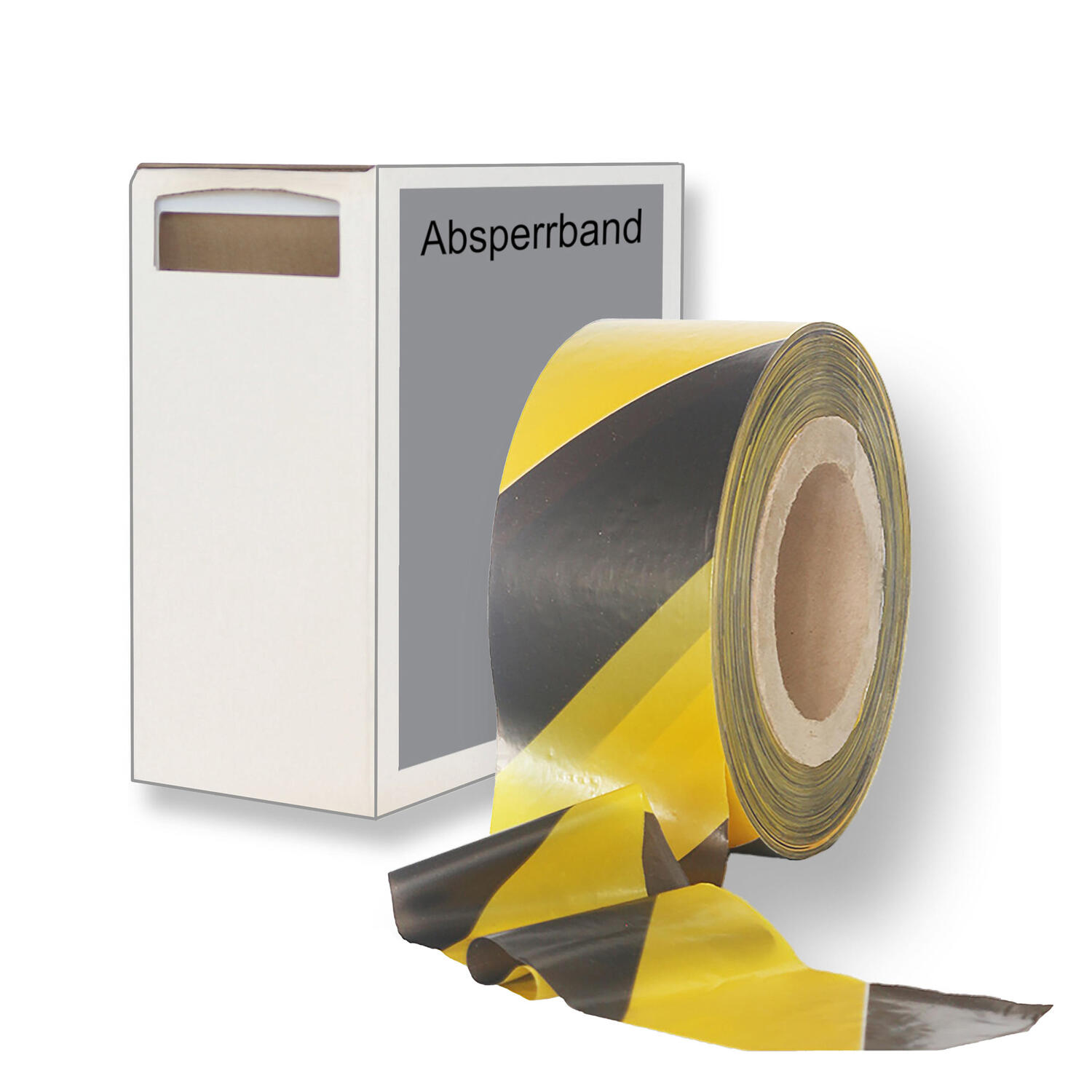 Absperrband gelb schwarz gestreift 35 my 75 mm breit 500 m 100 % Rezyklat im Spendekarton