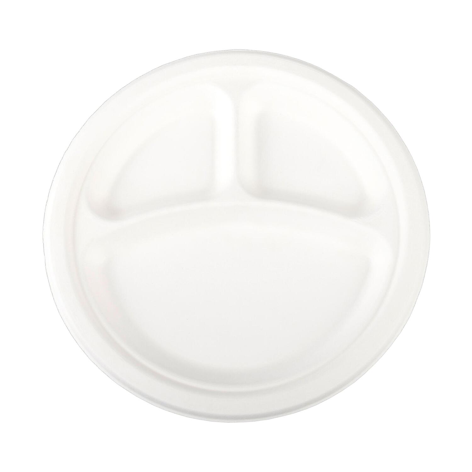 Teller 3-geteilt aus Bagasse, naturweiß, rund Ø26cm, 50Stk. 