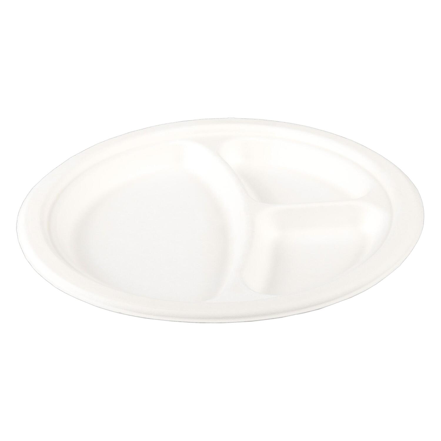 Teller 3-geteilt aus Bagasse, naturweiß, rund Ø26cm, 50Stk. 