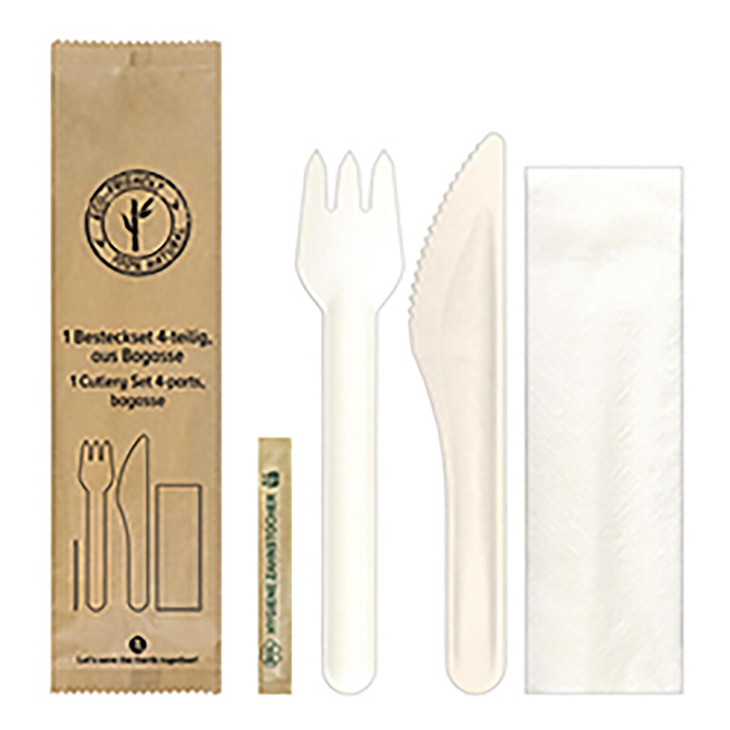 Bestecksets 4-teilig, aus Bagasse, naturweiß, 22cm, 25 Sets