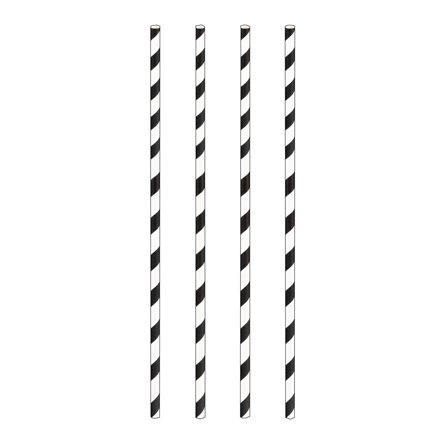Trinkhalme aus Papier schwarz gestreift Ø6mm 24cm, 100 Stk.