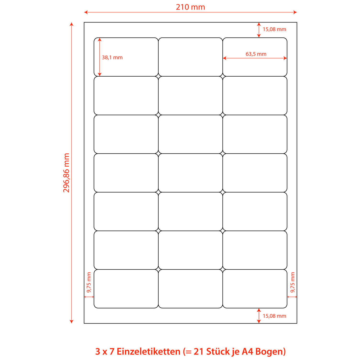 Etiketten Labels selbstklebend weiß 63.5 x 38.1mm auf DIN A4,  2100 Stk.