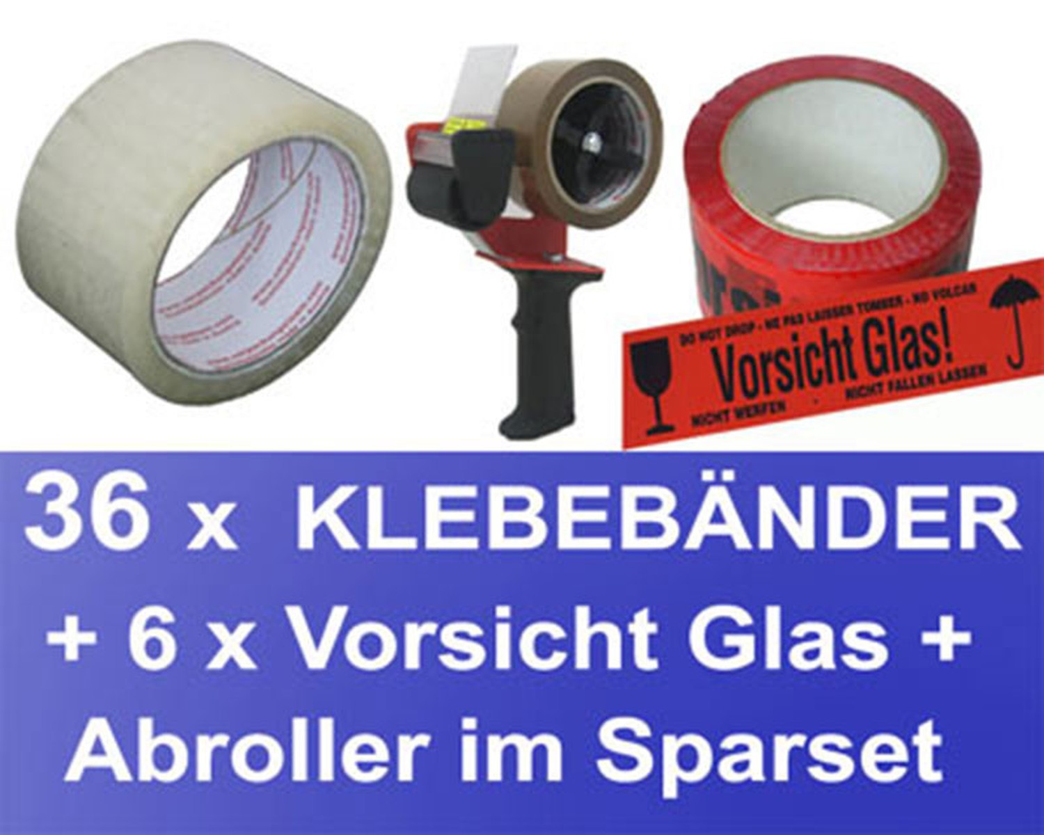 36x Klebeband 50mmx66m, LowNoise transparent + 6x Vorsicht Glas + Abroller