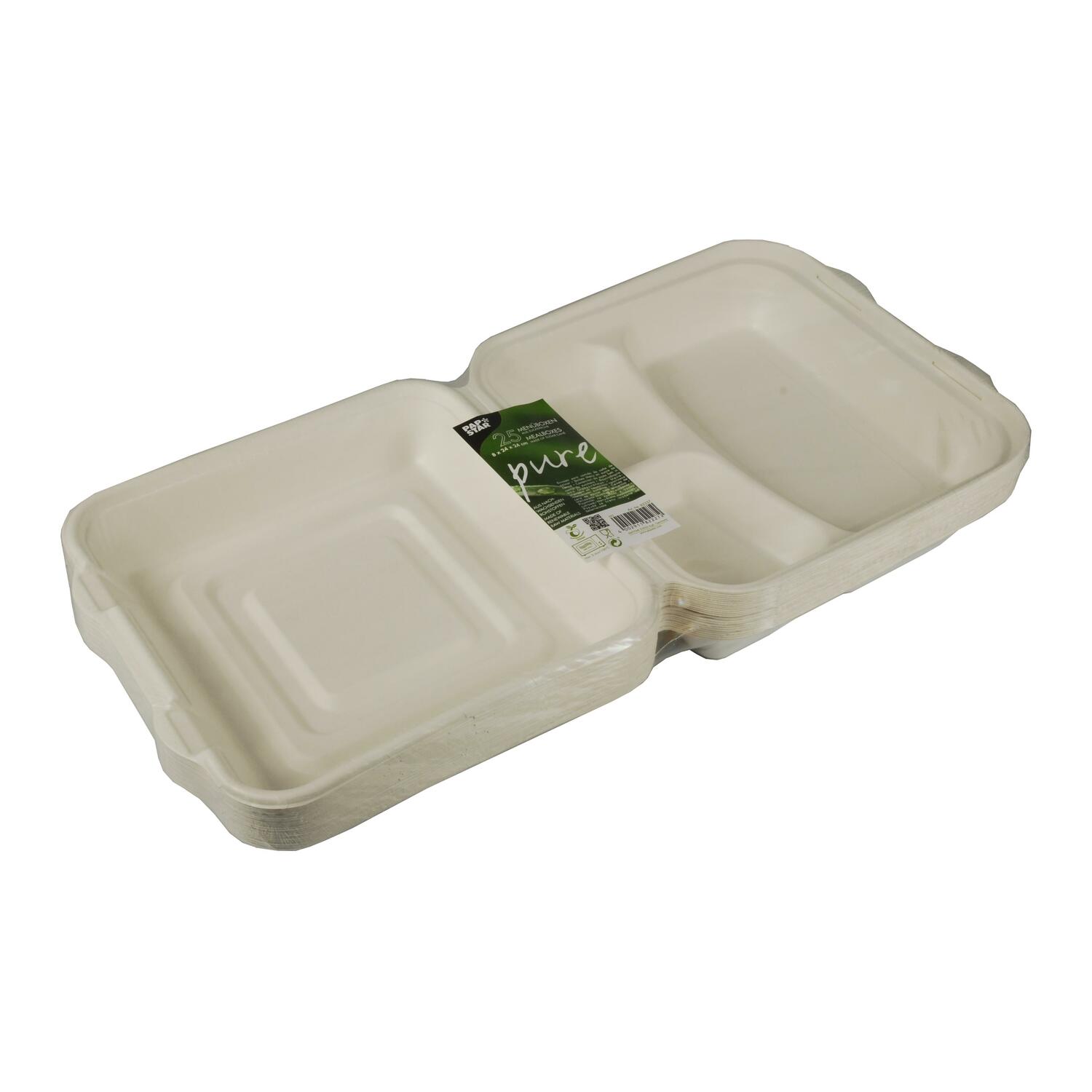 PAPSTAR Menüboxen aus Zuckerrohr 3-geteilt 8 x 24 x 24 cm weiss, 25 Stk.