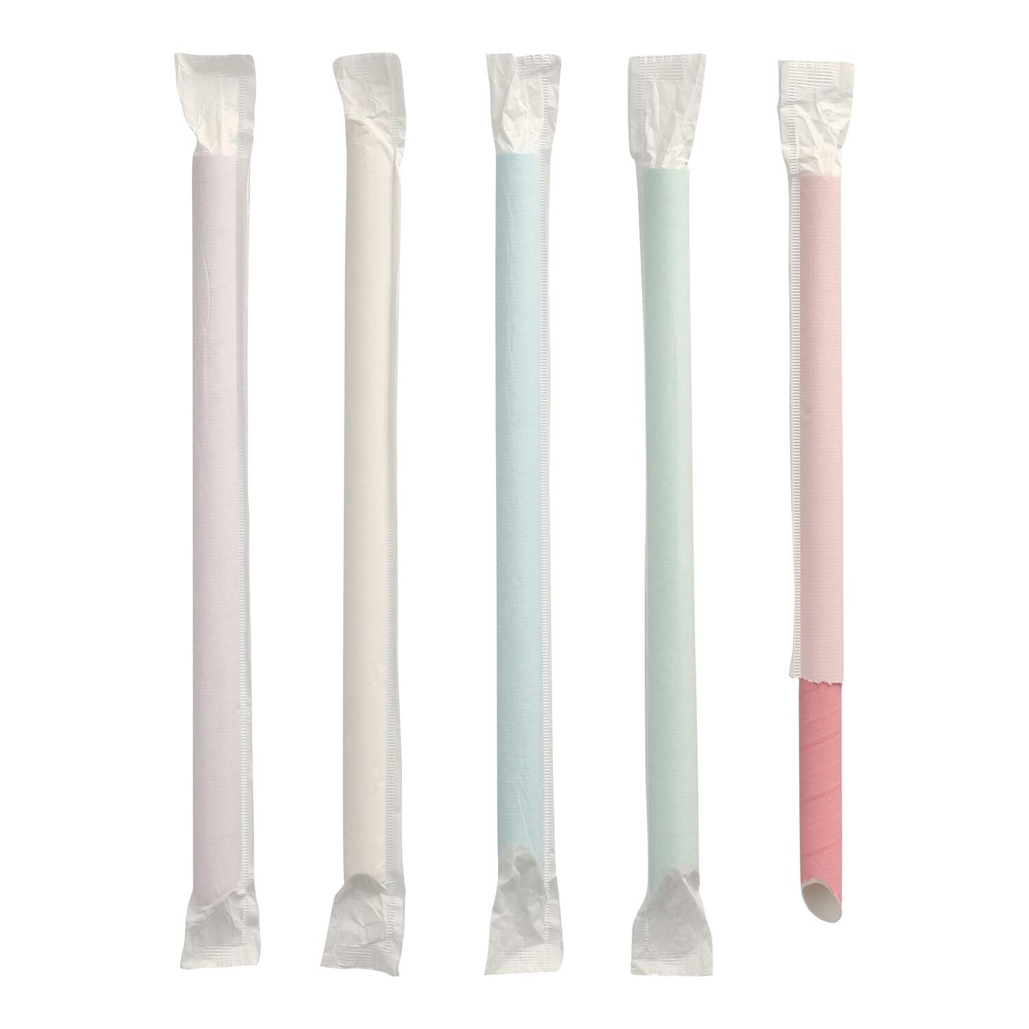 BubbleTea Slush Papierhalme Ø12mm 20cm farbig sortiert einzeln gehüllt, 200 Stk.