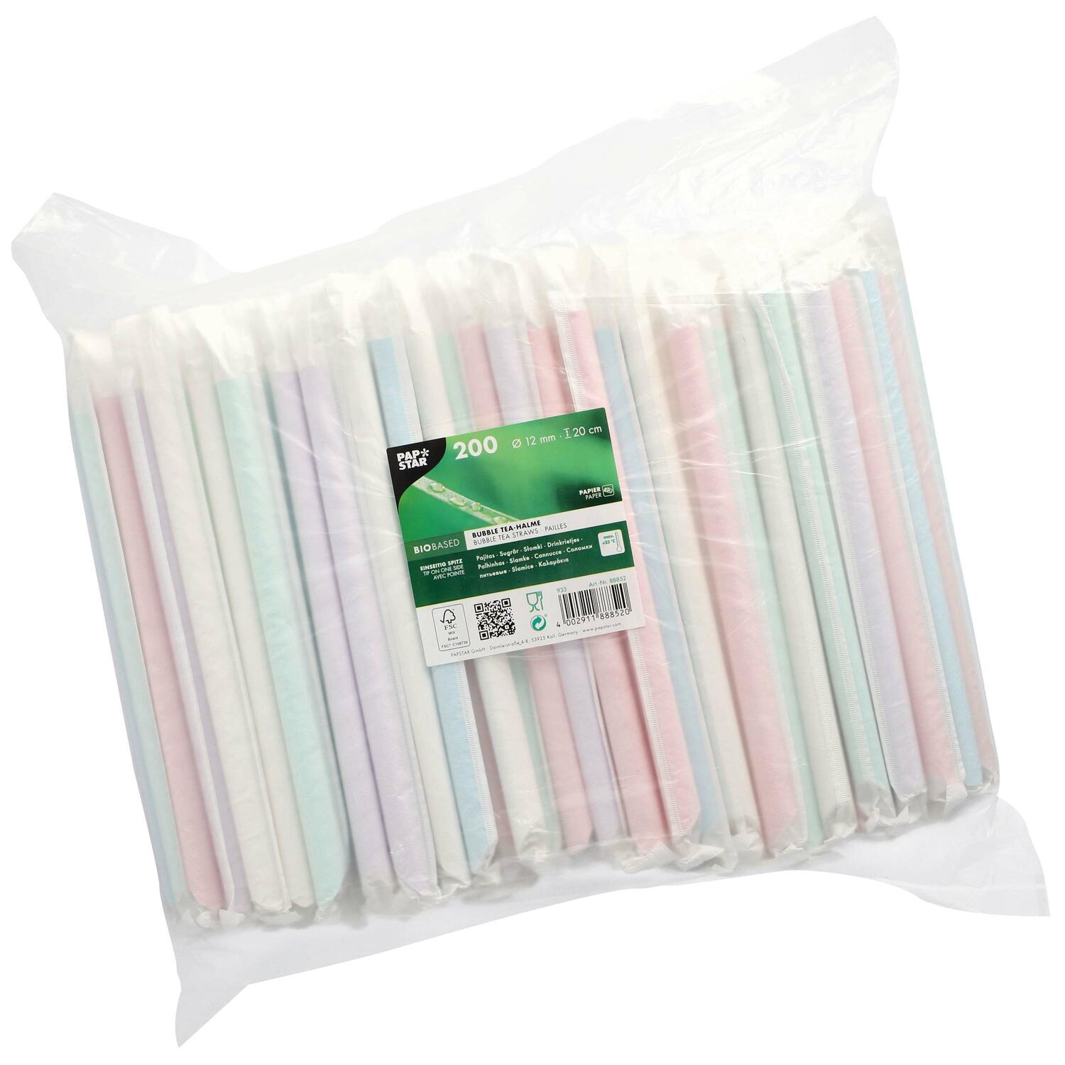 BubbleTea Slush Papierhalme Ø12mm 20cm farbig sortiert einzeln gehüllt, 200 Stk.