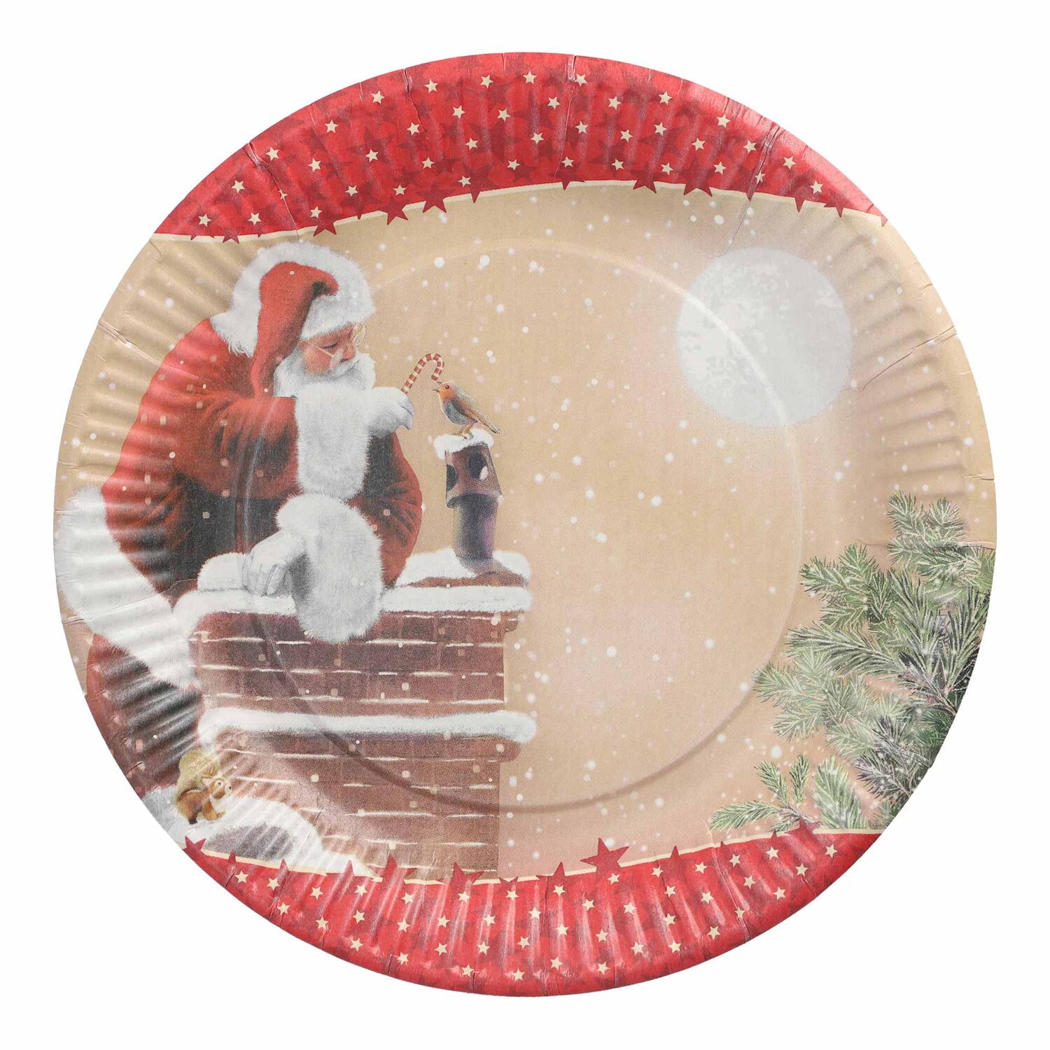 Pappteller rund  23 cm Weihnachtsmann auf Schornstein, 10 Stk.