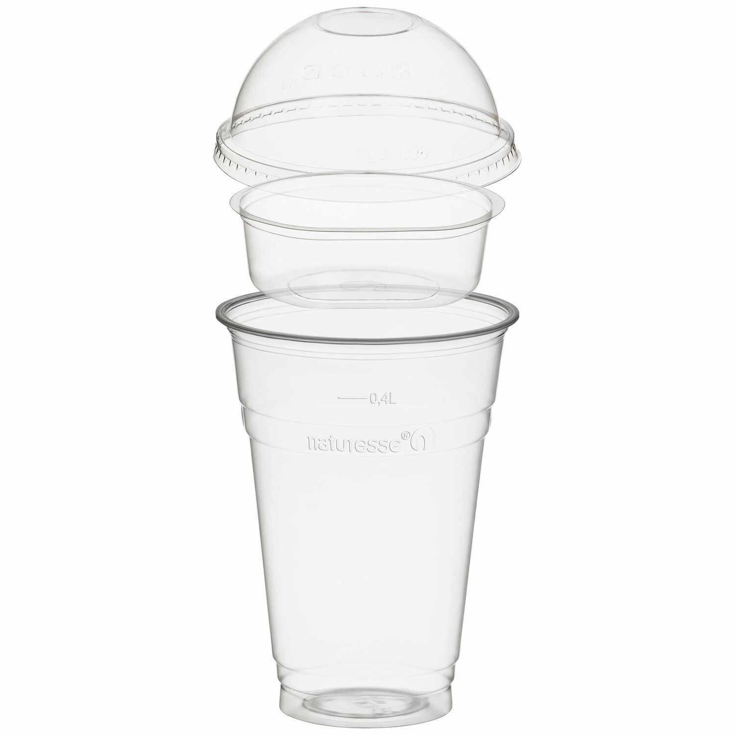 BIO Trinkbecher 400ml + Domdeckel ohne Loch + Einsatzbecher Ø 96mm (PLA) 50 Stk.