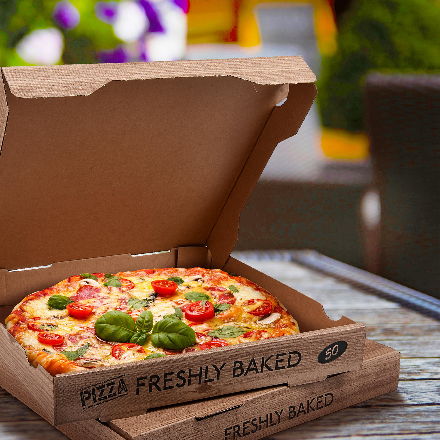 Pizzakarton aus Mikrowellpappe H4 mit neutralem Motiv für XXL Pizzen, 50x50x5cm, 100 Stk.